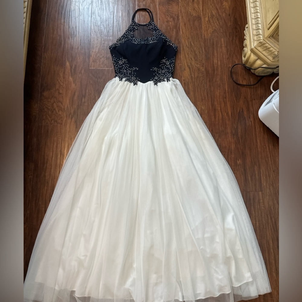 Elegant Black and White Gown with Beaded Bodice